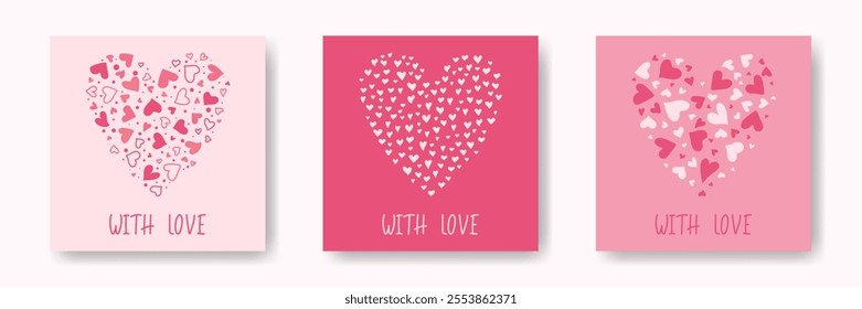 Cute Doodle Love Cards set. Heart shape from different hearts silhouette. Template for Valentines Day Birthday Anniversary Invitation Design. Simple Hand drawn Backgrounds