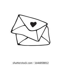 Cute doodle love letter, envelope with heart icons. Hand drawn vector illustration. Sweet element for greeting cards, posters, stickers and seasonal design. Isolated on white background