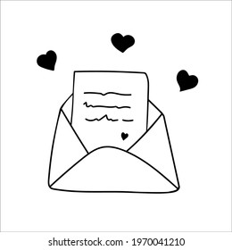 Cute doodle love letter, envelope with heart icons. Hand drawn vector illustration. Sweet element for greeting cards, posters, stickers and seasonal design. Isolated on white background