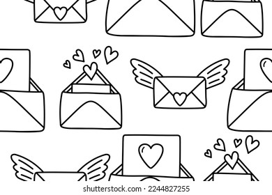 Cute doodle love letter, envelope with heart pattern. Hand drawn vector illustration