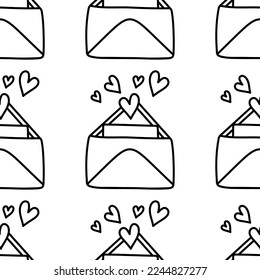 Cute doodle love letter, envelope with heart pattern. Hand drawn vector illustration