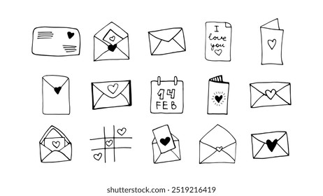 Cute doodle love letter, envelope, for Valentines Day. Hand drawn doodle illustration
