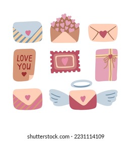 Cute doodle love letter and gift with heart clipart. Hand drawn vector illustration