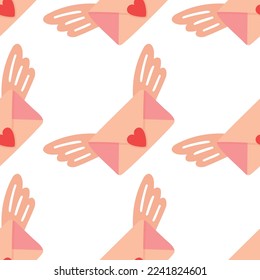 Cute doodle love letter with wing and heart pattern. Hand drawn vector illustration