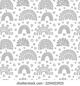 Cute doodle love rainbows seamless pattern. Different kinds of rainbows with hearts vector pattern