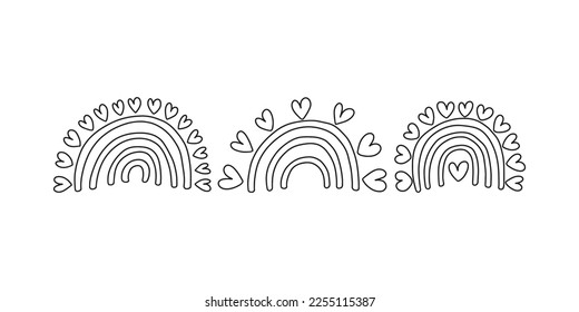 Cute Doodle liebt Regenbögen. Verschiedene Arten von Regenbogen mit Herz-Vektorset