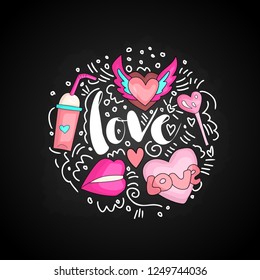 Cute doodle love text in round form colored. Cute fun vector love with winged heart, cocktail, lollipop, lips, hearts and curved lines. Lettering love among curved lines and cute set icons on black.