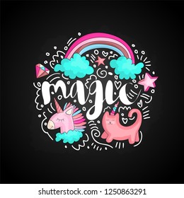 Cute doodle magic icons in round form colored. Cute fun vector magic with rainbow, clouds, unicorn, cat, diamond, stars and curved lines. Lettering magic among curved lines and cute set icons on black