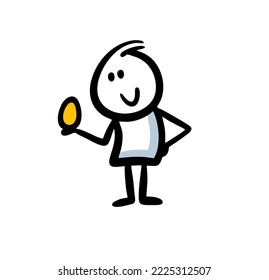 Cute doodle man holding golden egg in hand and smiling. Vector illustration of hand drawn character and expensive thing.
