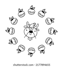 Cute doodle mandala with delicious christmas pie and reindeer. Hand drawn vector illustration for coloring page.
