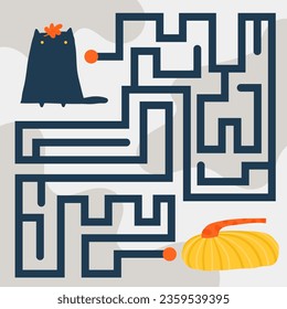 Cute doodle maze with animal, nature elements, pumpkin. Learn autumn puzzles for kids, children. Funny cartoon style labyrinth with adorable character.
