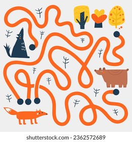 Cute doodle maze with animals, nature elements, fox, bear, wolf, trees, forest. Learn autumn puzzles for kids, children. Funny cartoon style labyrinth with adorable characters. 