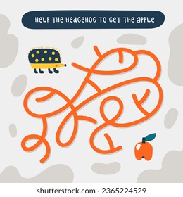 Cute doodle maze with animals, nature elements, hedgehog, apple. Learn autumn puzzles for kids, children. Funny cartoon style labyrinth with adorable characters. 