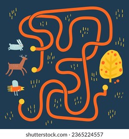 Cute doodle maze with animals, nature elements, hare, deer, bird, forest, tree. Learn autumn puzzles for kids, children. Funny cartoon style labyrinth with adorable characters. 