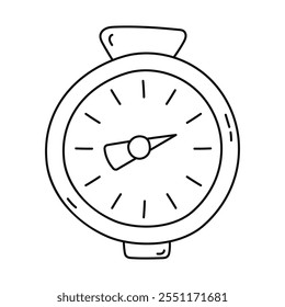 Cute doodle mechanical timer and stopwatch. Hand drawn time counter as concept of countdown, deadline, rush process. Scientific and business tool for measuring minutes and seconds isolated on white