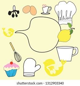 cute doodle for menu. hand drawn doodle cake,  first, egg, tools for your design