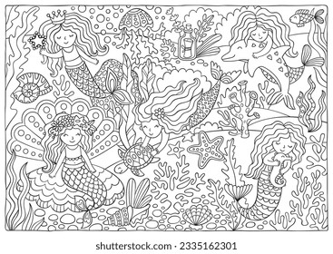 página de doodle mermaids lindo colorido con algas marinas submarinas, peces, tortuga, delfín y belleza de arrecife de coral 