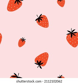 Cute doodle minimal seamless pattern with strawberries . Sweet design in red, pink colors. Lovely hand drawn cool elements. Vector eps