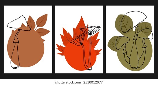 Cute doodle minimalistic posters set templates with mushrooms, autumn colors spots and leaves, on white background. Hand drawn vector posters design, notebook covers. Decorative print elements.
