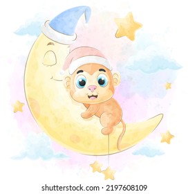 Cute doodle monkey and moon cub with watercolor illustration