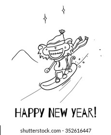 Cute doodle monkey with snowboard. New Year card