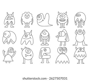 Ilustración de línea de personajes de monstruos lindos y doodle