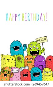 Cute doodle monster greeteng card. Funny colorful monster happy birthday card. vector illustration