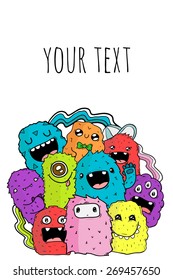 Cute doodle monster greeteng card. Funny colorful monster happy birthday card. vector illustration