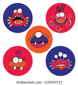 Cute doodle monsters and aliens on a bright circle background