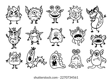 Cute doodle monsters, animal childish drawing. Happy kids alien funny art, fun children toys, smile mascots, spooky fantasy characters. Baby nursery design vector tidy cartoon icons set