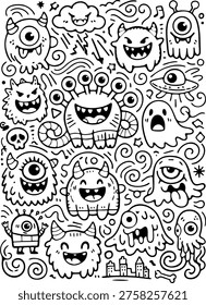Cute Doodle Monsters Hand Drawn Set. Fun collection of hand-drawn monster doodles. Perfect for kids, stickers, and playful designs.