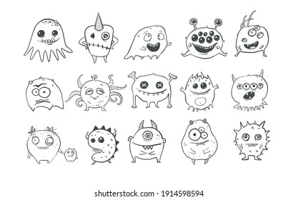 Cute doodle monsters on white background.