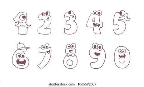 Cute doodle monsters vector numbers set. vector cute numbers from 0 to 9. Set of cartoon numbers in doodle style design. Collection of numerals for kids learning counting or mathematics.