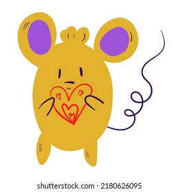 Cute doodle mouse with heart. Yellow animal vector icon. Kid colourful illustration on white background.