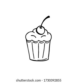 Cute doodle muffin with cherry. Hand drawn vector illustration for cards, posters, stickers and professional design, web design, logo. Isolated on white background.
