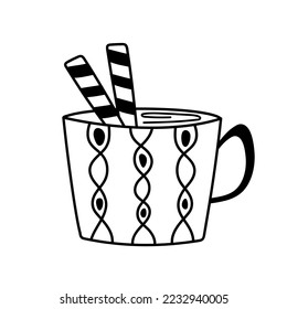 Cute doodle mug. Hand drawn cute mug with straws. Vector cozy hot drink element for decor