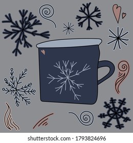 Cute doodle mug with snowflake and heart, doodle elements in blue and pink shades, hand draw vector illustration for design and creativity