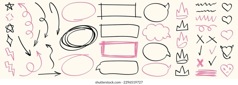 Cute doodle naive elements.Hand drawn abstract shapes. Devil heart, hearts, crown, blob, arrow, lightning. Vector illustration.