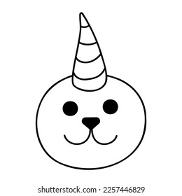 Cute doodle narwhal face from the collection of girly stickers. Cartoon vector white and black illustration.