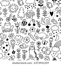 cute doodle nature kawaii icon animals and flowers seamless pattern