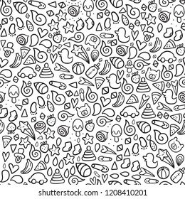 Cute doodle newborn objects seamless pattern with toys, fruits, animals, ice cream, watermelon, duck, bear, car, star, banana.
