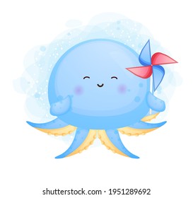 Cute doodle pulpo jugando molinos de viento ilustración de dibujos animados Premium Vector