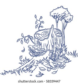 Cute doodle old stump with mushrooms and new branch with leaves