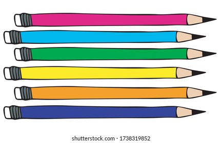 Cute Doodle on the theme of the office. Beautiful simple pencils with an eraser. Hand-drawn vector illustration.