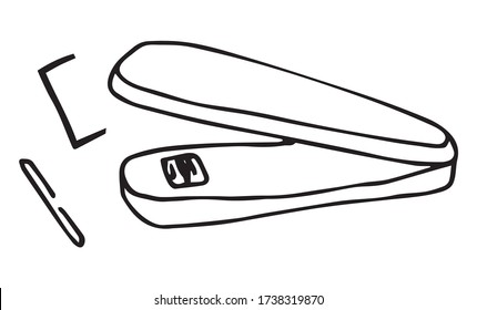 Cute Doodle on the theme of the office. Stapler with paper clips. Hand-drawn vector illustration.