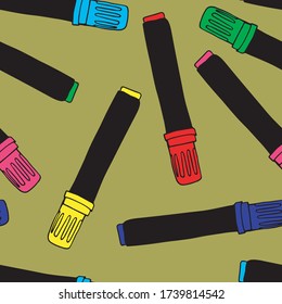 Cute Doodle on the theme of the office. Seamless pattern of multicolored markers. Hand-drawn vector illustration.