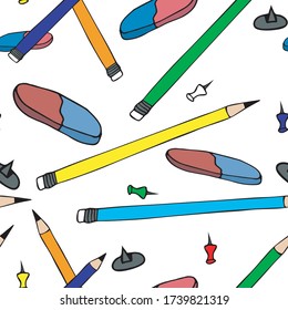 Cute Doodle on the theme of the office. Seamless pattern of pencils, erasers and paper clips. hand-drawn vector illustration.
