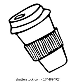 Cute Doodle on the theme of the office. A Cup of coffee with a lid. Hand-drawn vector illustration.