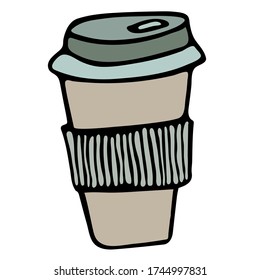 Cute Doodle on the theme of the office. A Cup of coffee with a lid. Hand-drawn vector illustration.