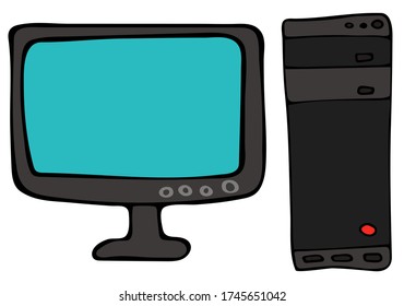 Cute Doodle zum Thema des Büros. Computer. Handgezeichnete Vektorgrafik.